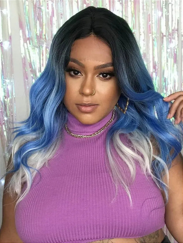 Lace Front Billie Azul Pontas Brancas Raiz Preta Ondulada 60cm - Repartição Livre 13x1.5