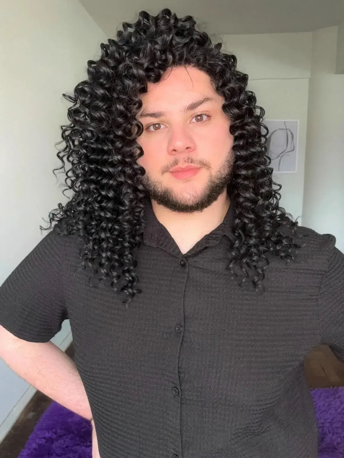 Lace Front Cacheada Preta Repartição Livre 13x4 Peça Única 011