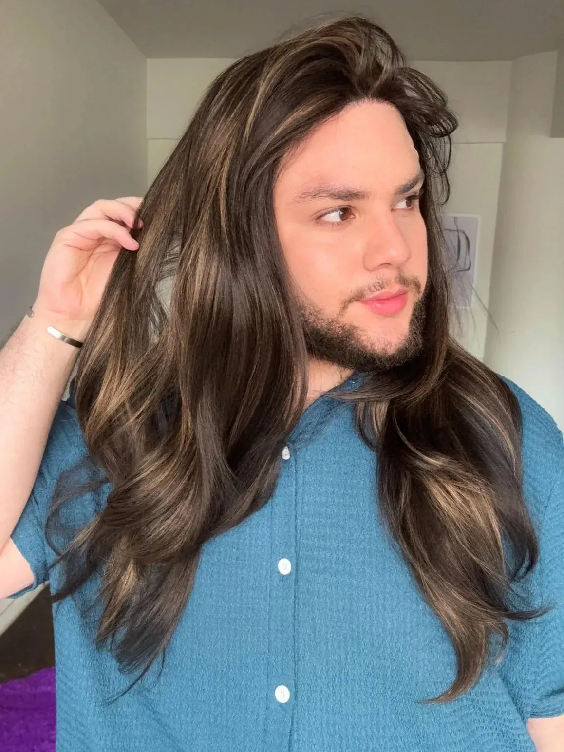 Lace Front Fibra Premium Castanho Luzes Peça Única 054