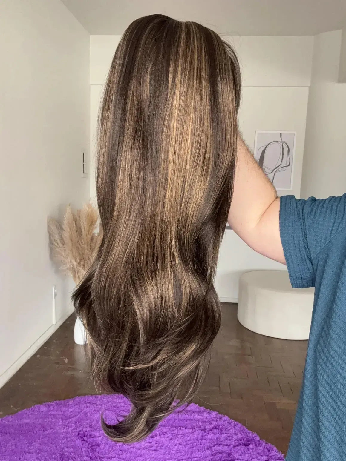 Lace Front Fibra Premium Castanho Luzes Peça Única 054