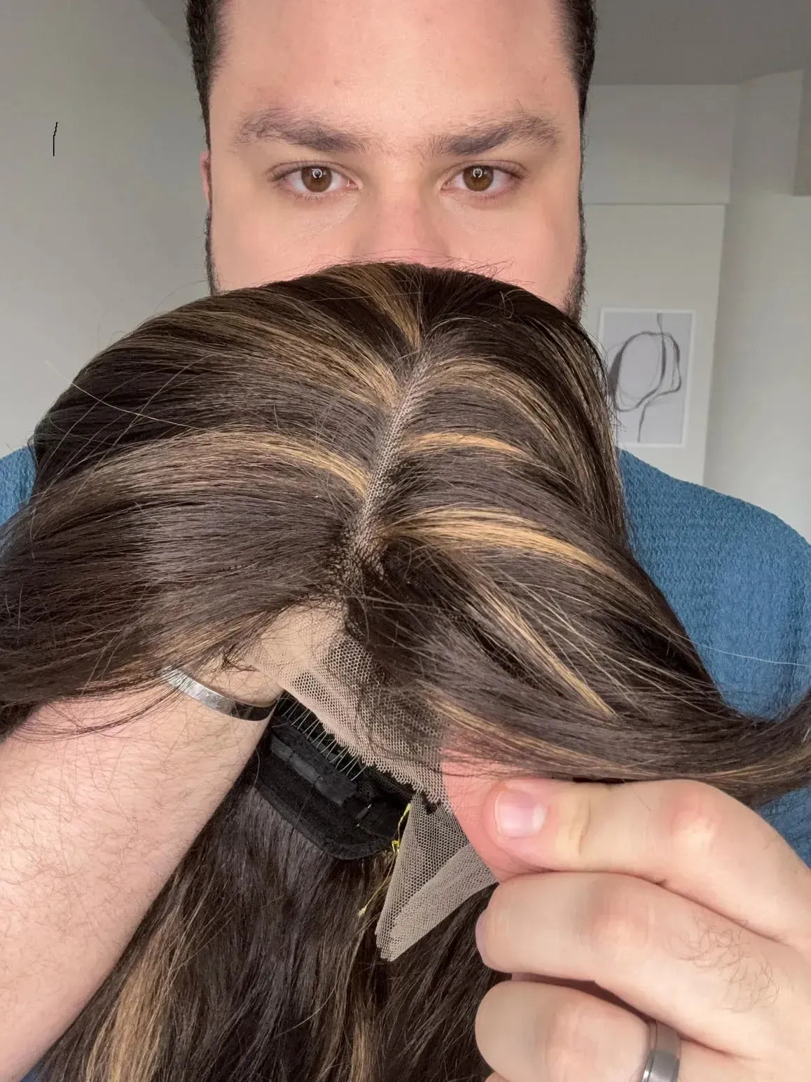 Lace Front Fibra Premium Castanho Luzes Peça Única 054