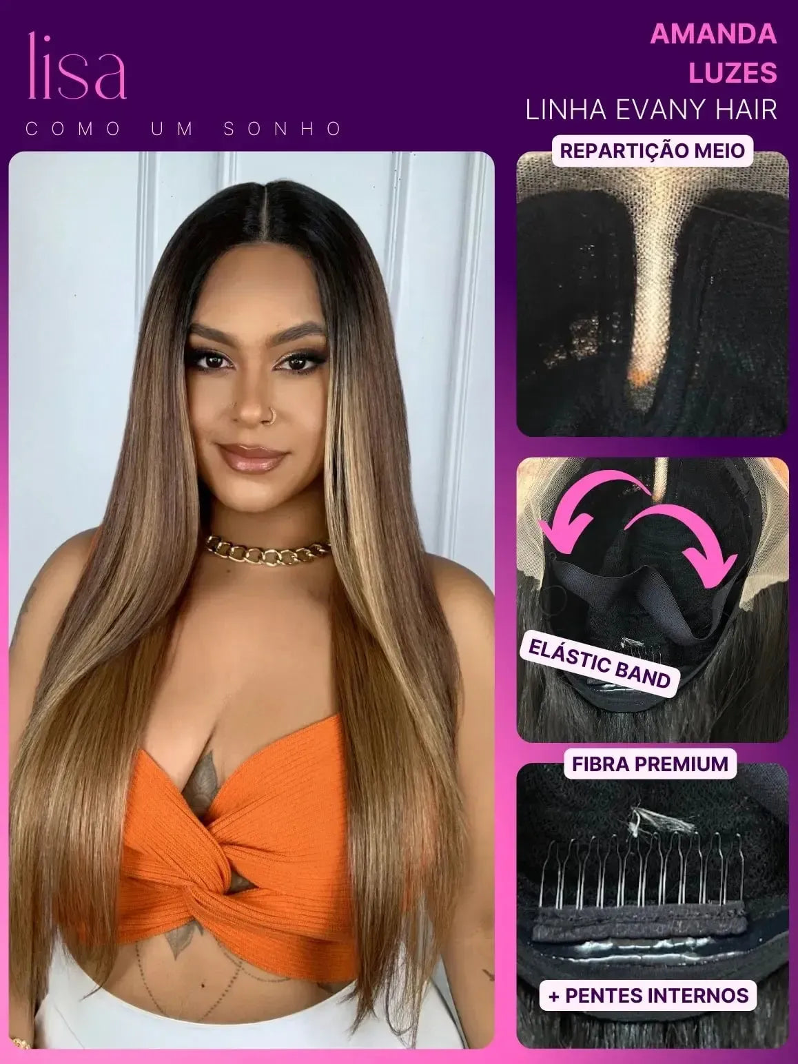 Lace Front HD Amanda Castanha Luzes Lisa 75cm