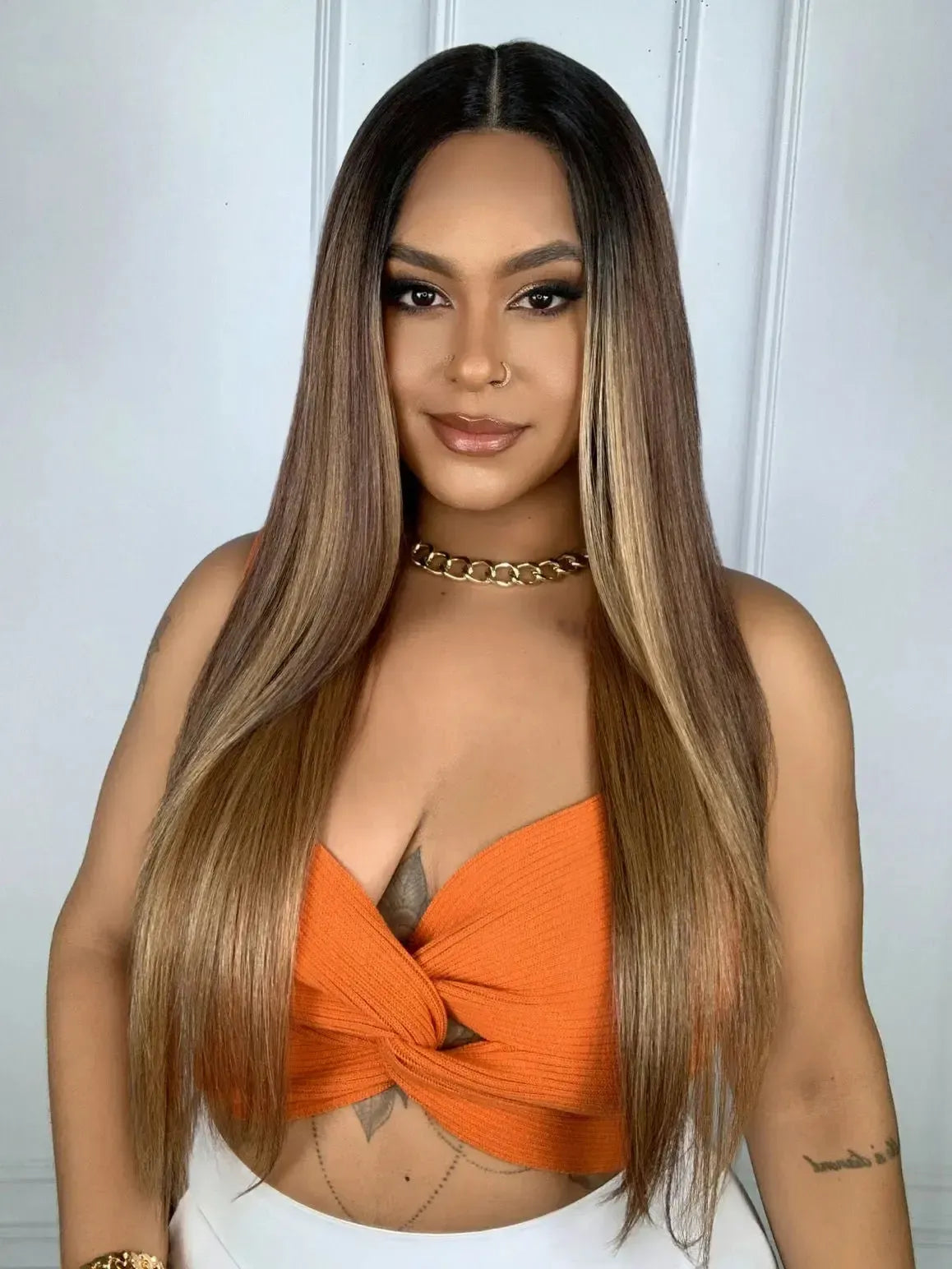 Lace Front HD Amanda Castanha Luzes Lisa 75cm