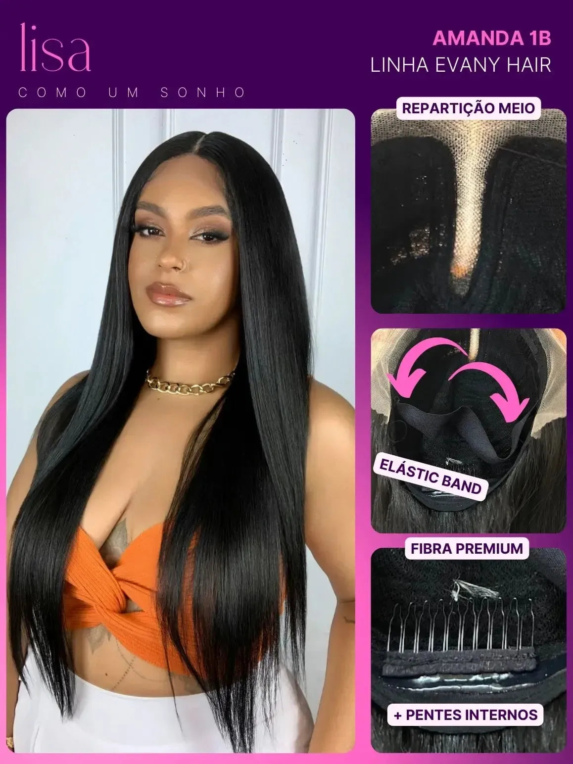 Lace Front HD Amanda Preta Lisa 75cm