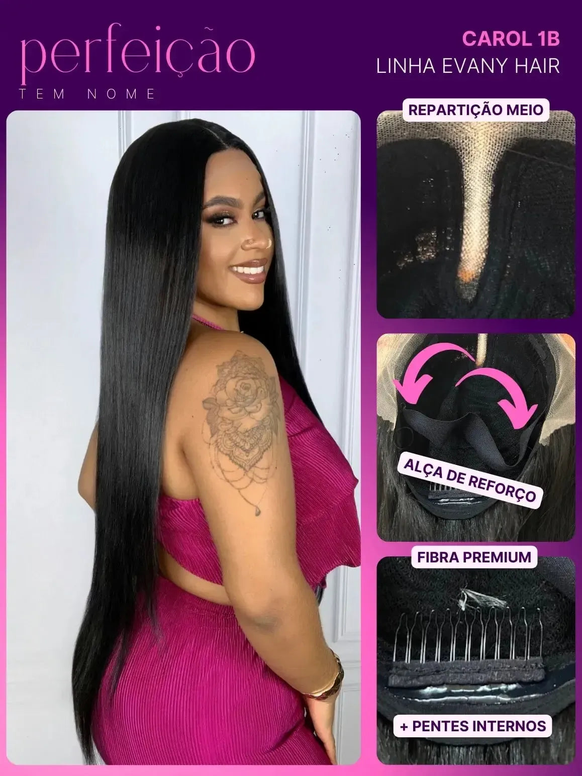 Lace Front HD Carol Preta Lisa 90cm