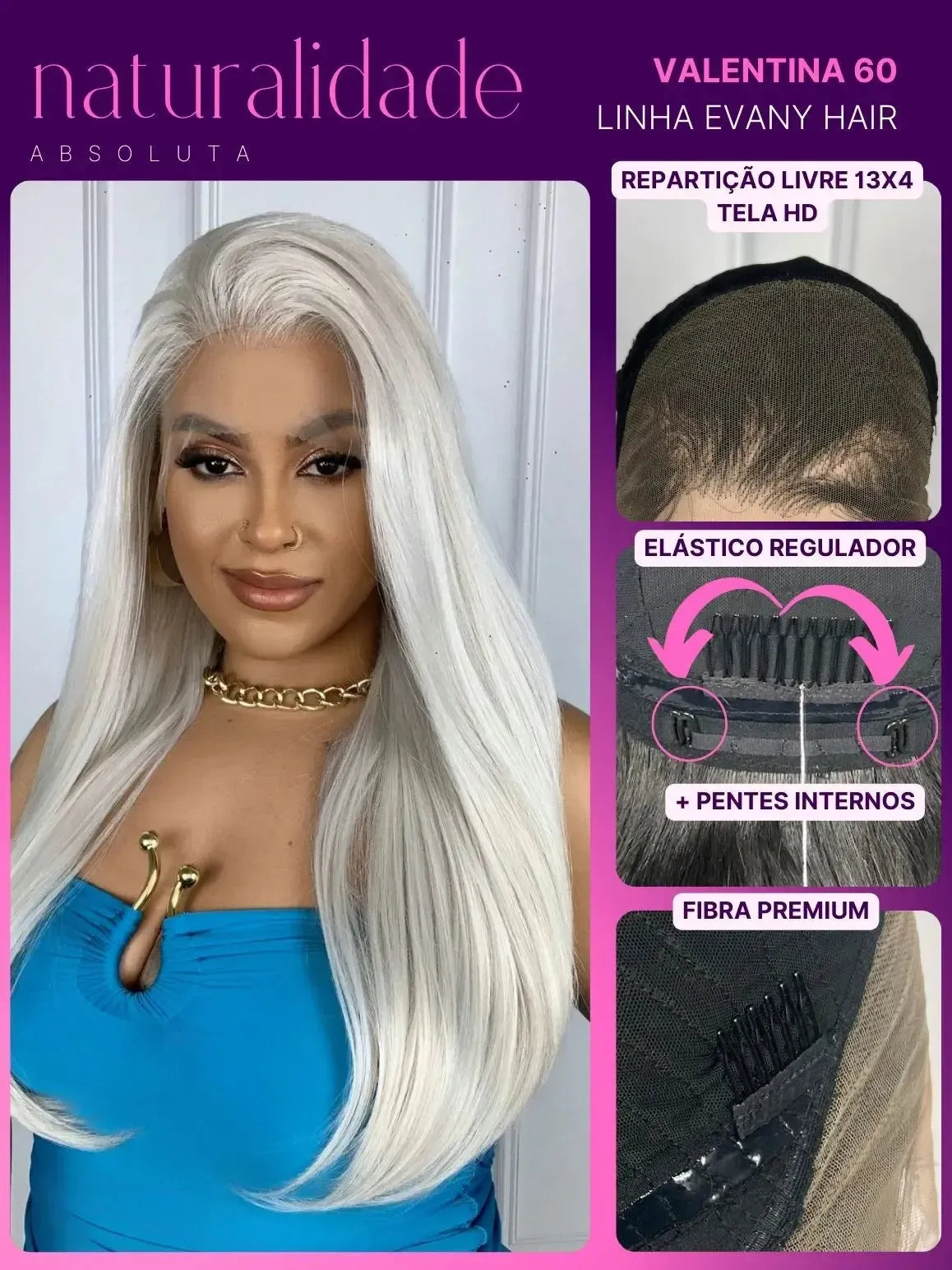 Lace Front HD Valentina Loira Platinada 65cm - Repartição Livre 13x4