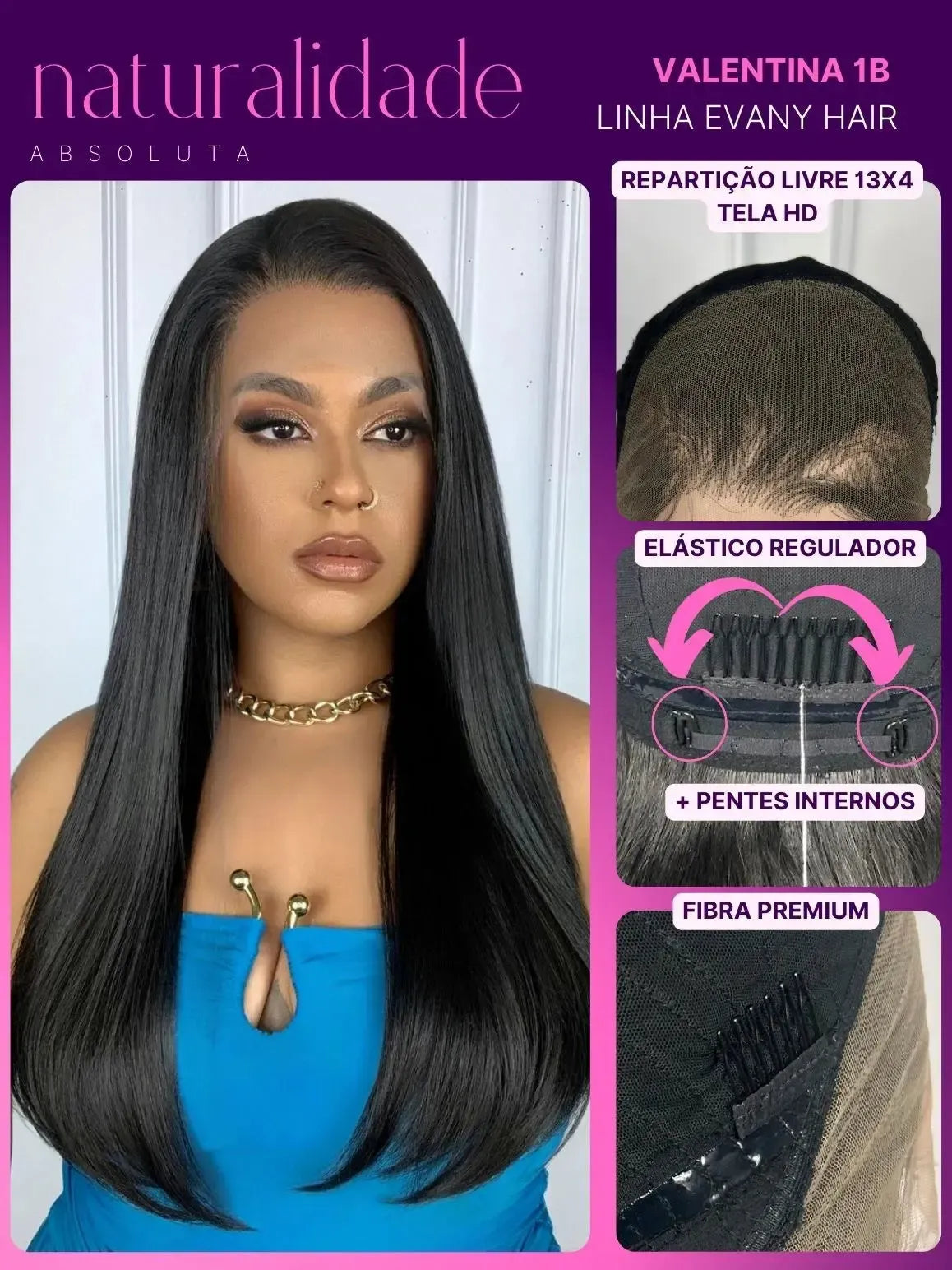 Lace Front HD Valentina Preta 65cm - Repartição Livre 13x4