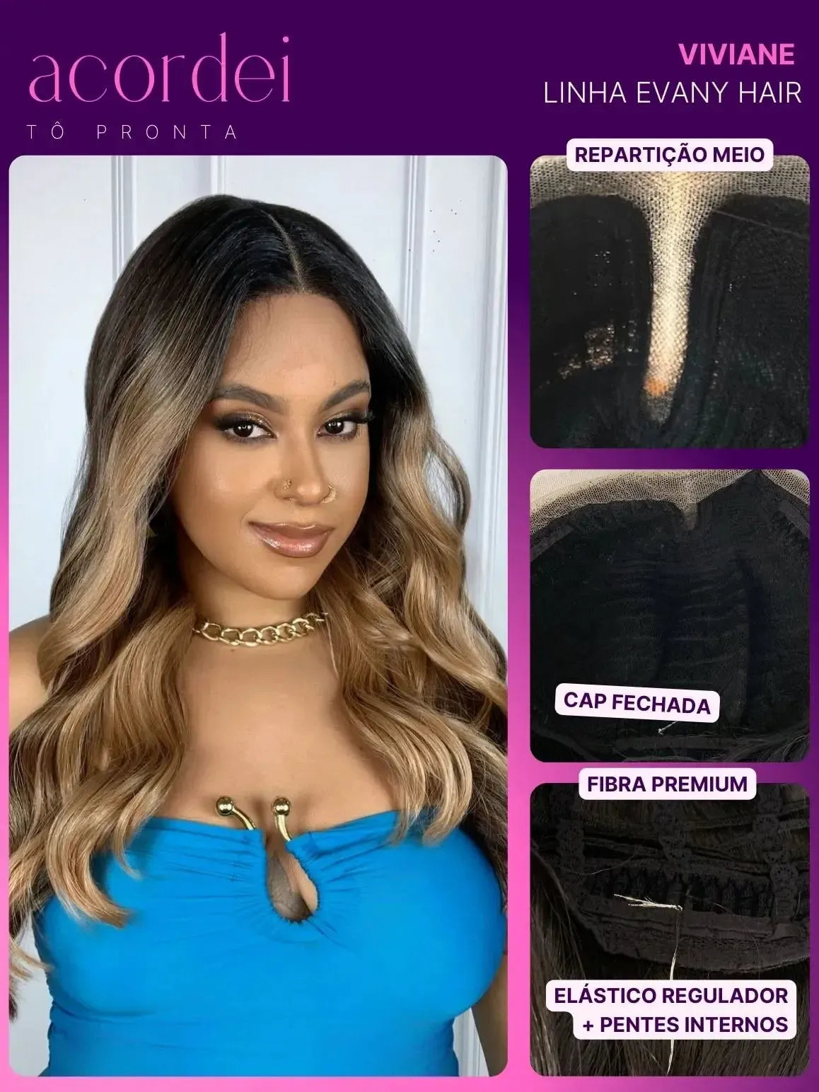 Lace Front HD Viviane Castanha Mechada Ondulada 55cm