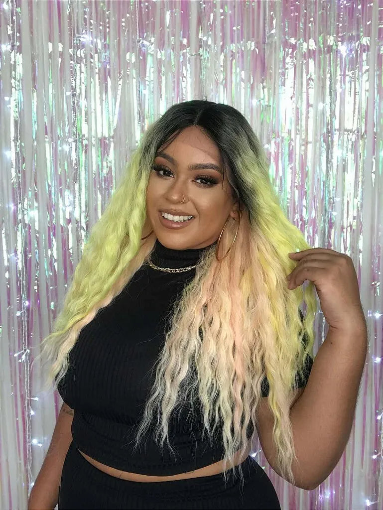 Lace Front Jenna Lemony Ondulada Amarelo Rosa Com Raiz Escura 60 cm