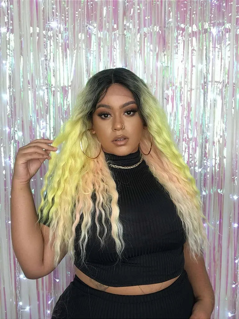 Lace Front Jenna Lemony Ondulada Amarelo Rosa Com Raiz Escura 60 cm