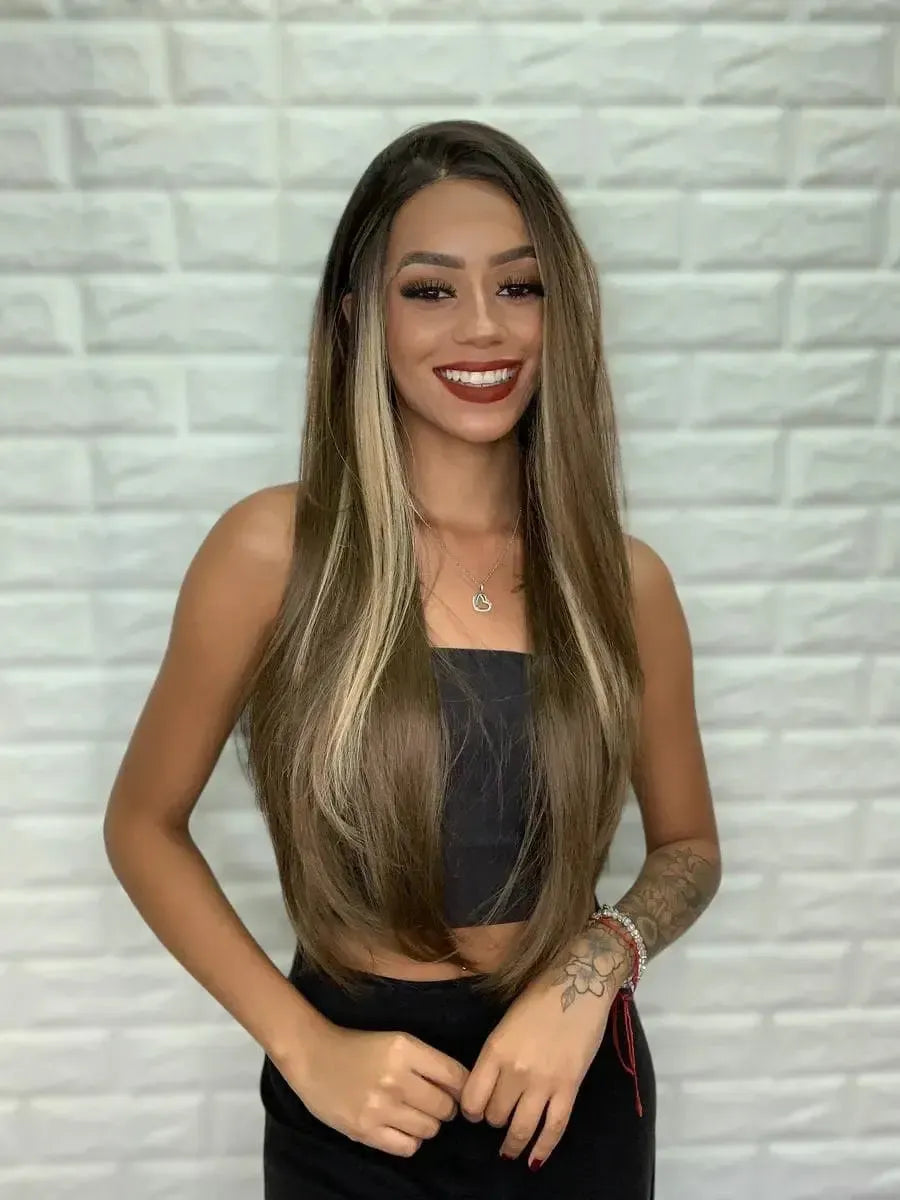 Lace Front Tela HD Diamante Castanho Raiz Luzes 26J Ondulada - Repartição Livre 13x2