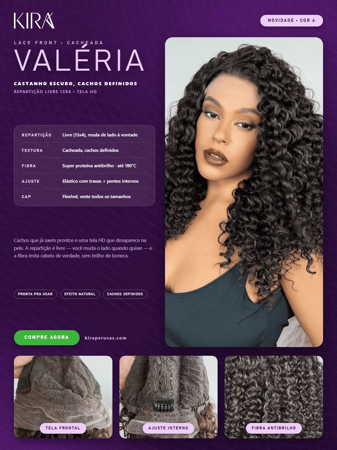 Lace Front Tela HD Valeria Castanho 4 Cacheada - Repartição Livre 13x4