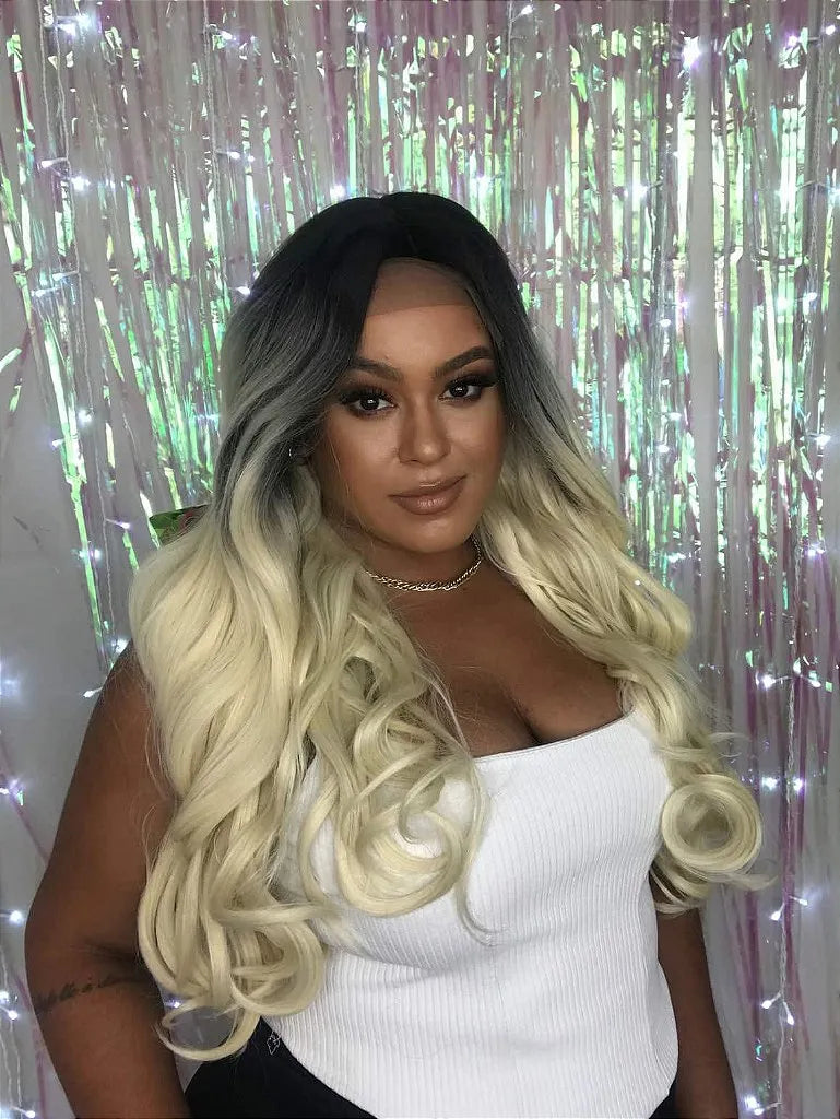 Lace Front Verix Loira com Raiz Preta Ondulada 70cm