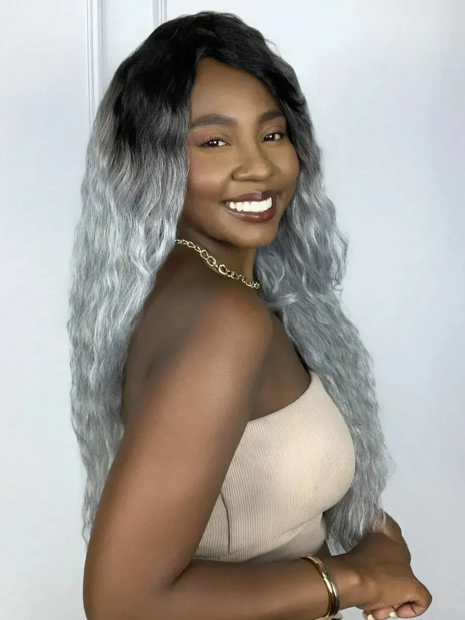 Peruca Beyonce Cinza com Raiz Preta Ondulada com Franja