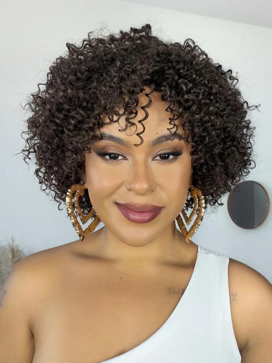 Peruca Cabelo Humano Lorena Cacheada Castanho Escuro