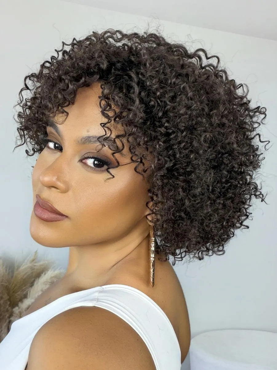 Peruca Cabelo Humano Lorena Cacheada Castanho Escuro