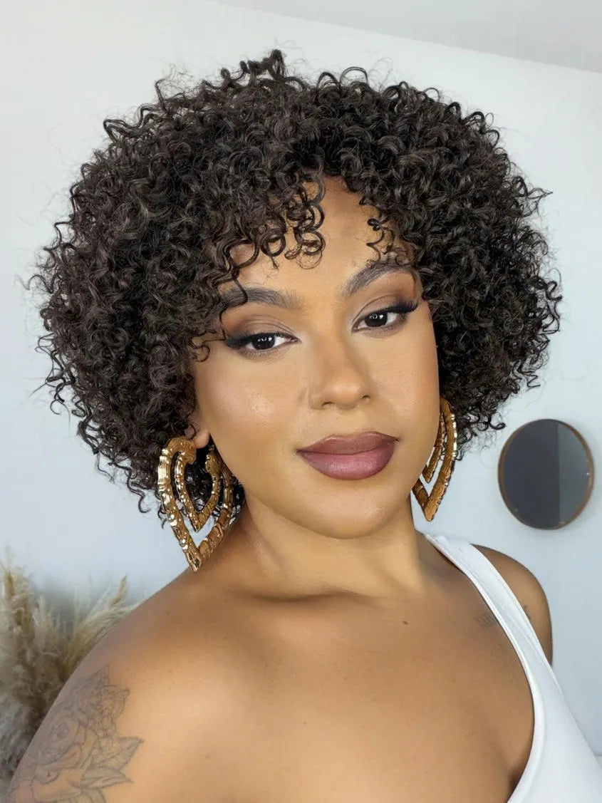 Peruca Cabelo Humano Lorena Cacheada Castanho Escuro