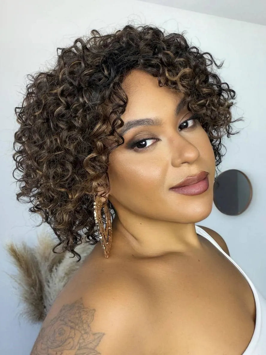 Peruca Dalilah Cabelo Humano Castanho Luzes 2/30 Cacheada