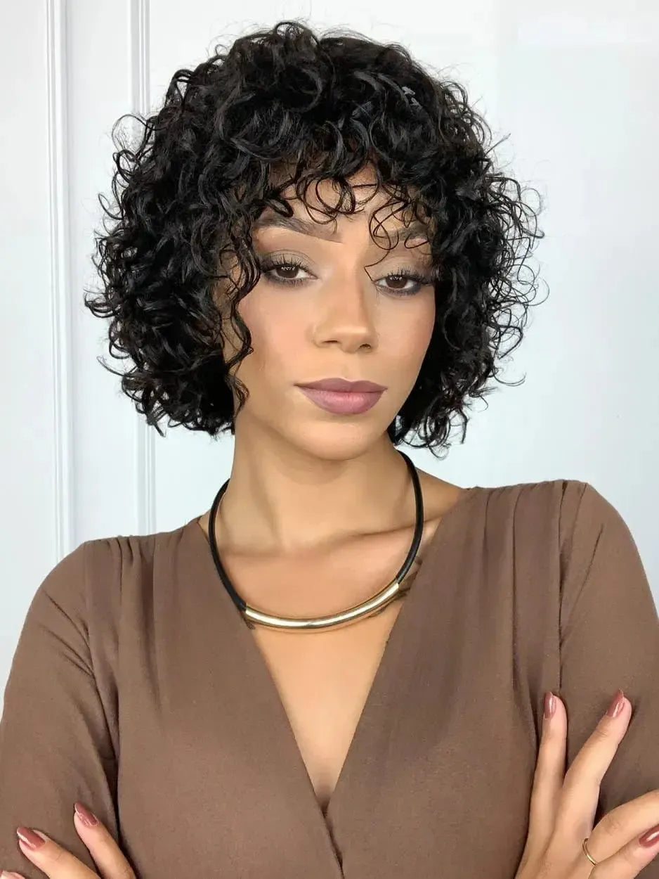 Peruca Humana Giovanna Cacheada Preta Curta