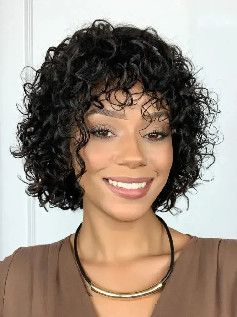 Peruca Humana Giovanna Cacheada Preta Curta