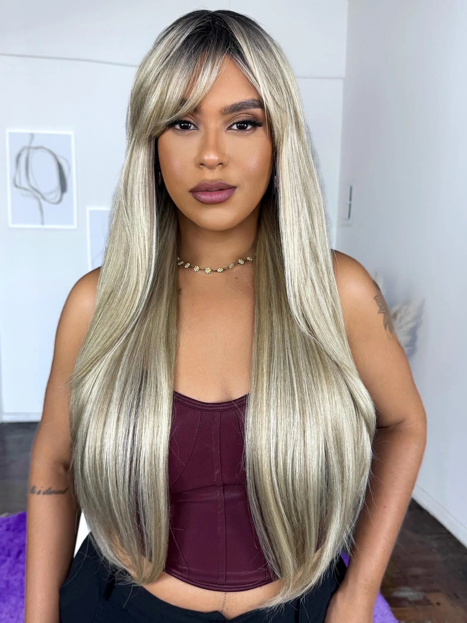 Peruca Lauane Loira Raiz Castanha com Franja (Premium)