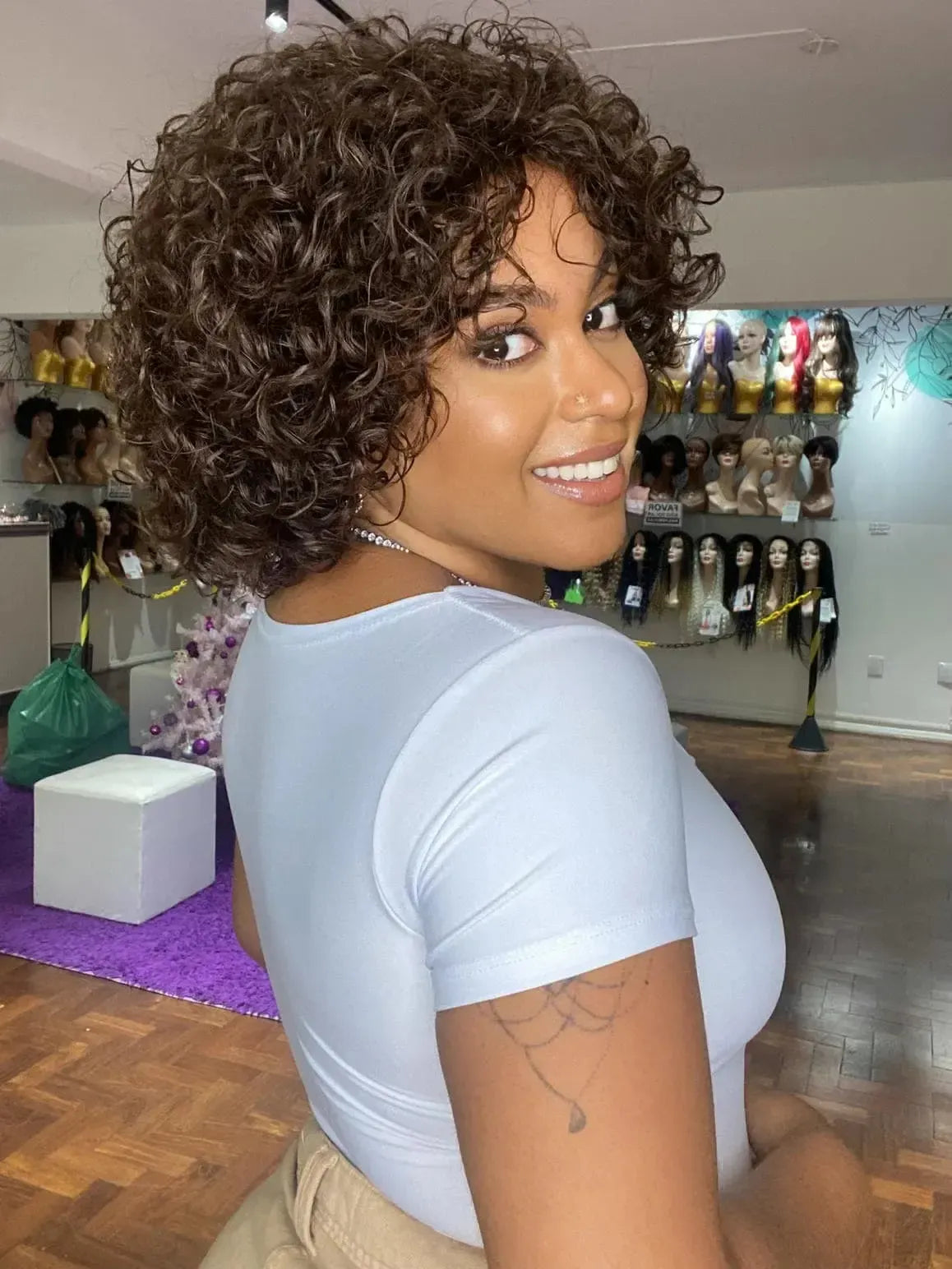 Peruca Wig Cabelo Humano Cacheada Lada Castanho 2