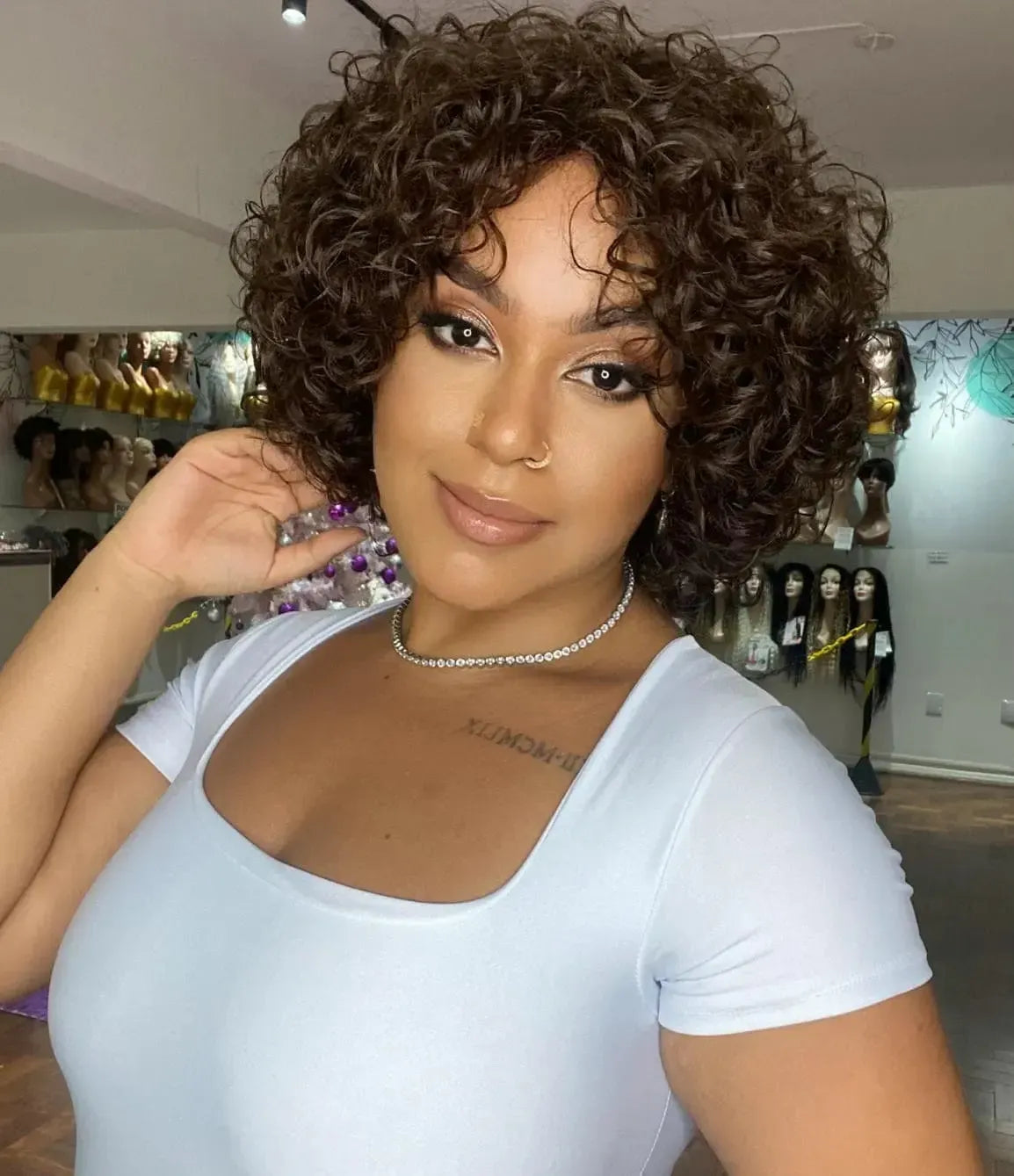 Peruca Wig Cabelo Humano Cacheada Lada Castanho 2