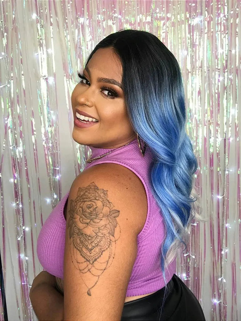 Lace Front Billie Azul Pontas Brancas Raiz Preta Ondulada 60cm - Repartição Livre 13x1.5