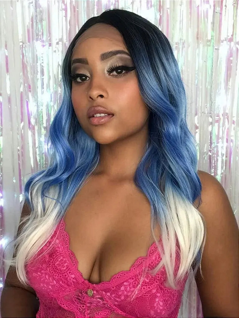Lace Front Billie Azul Pontas Brancas Raiz Preta Ondulada 60cm - Repartição Livre 13x1.5