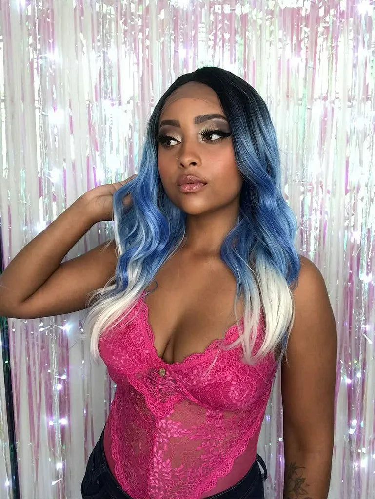 Lace Front Billie Azul Pontas Brancas Raiz Preta Ondulada 60cm - Repartição Livre 13x1.5