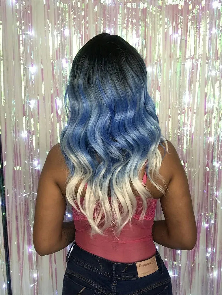 Lace Front Billie Azul Pontas Brancas Raiz Preta Ondulada 60cm - Repartição Livre 13x1.5