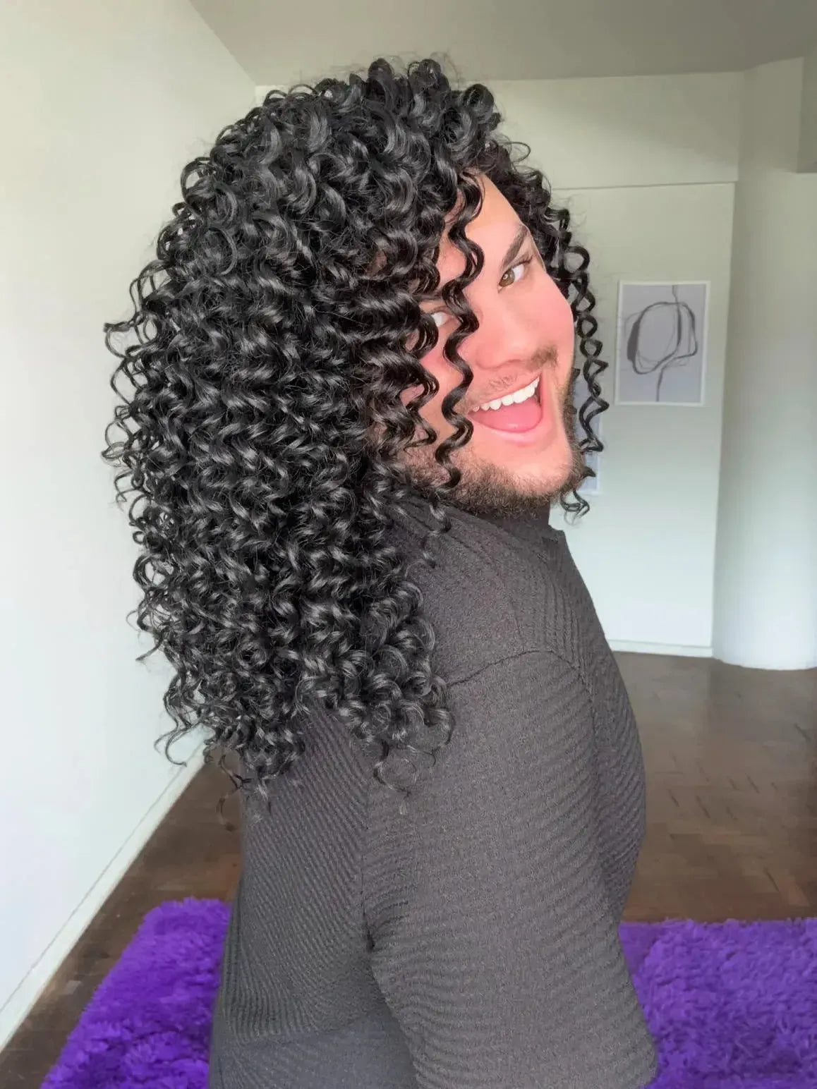 Lace Front Cacheada Preta Repartição Livre 13x4 Peça Única 011