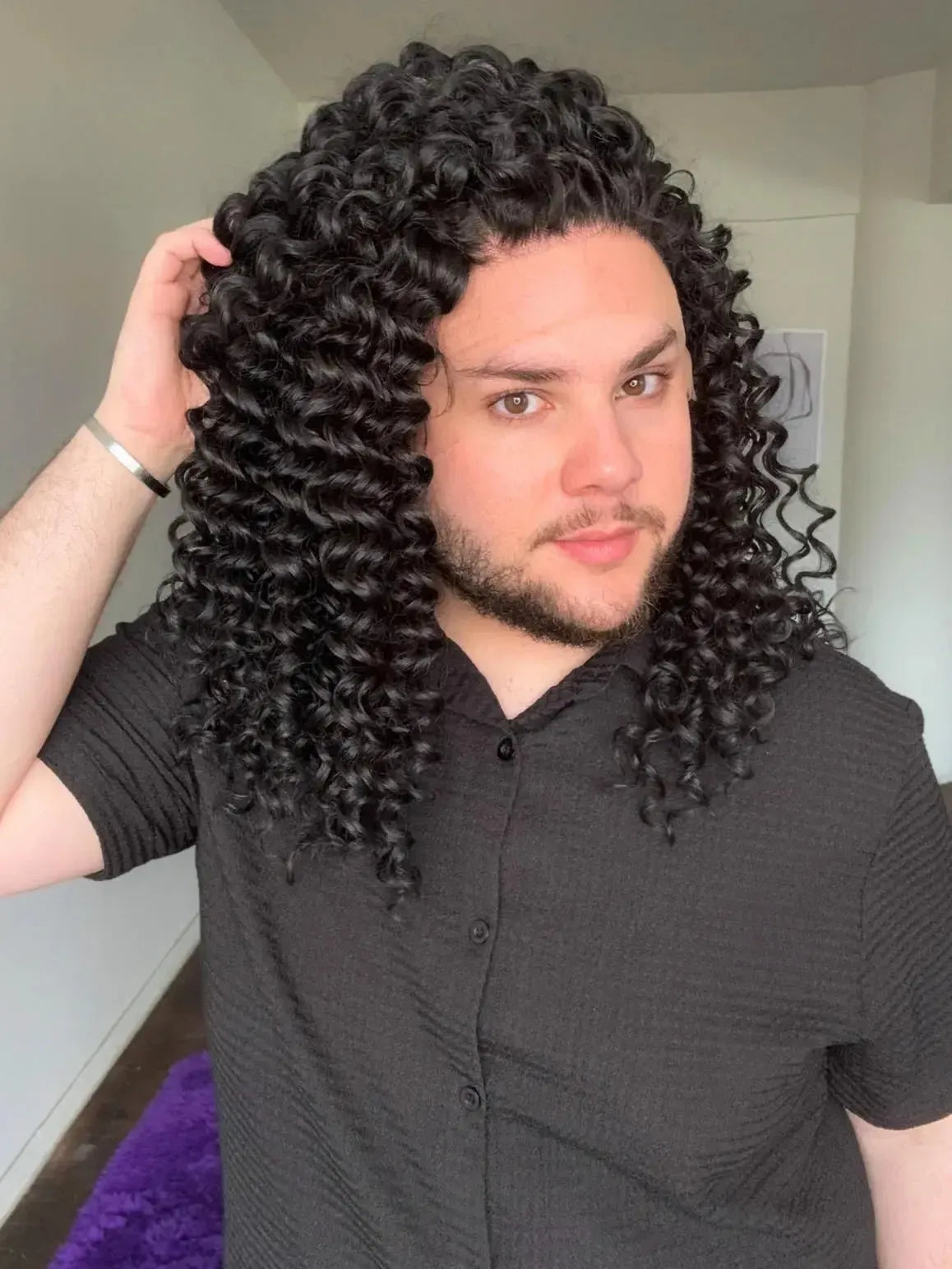 Lace Front Cacheada Preta Repartição Livre 13x4 Peça Única 011