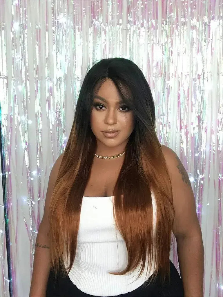 Lace Front Emma Castanho Ombre com Raiz Preta 70cm - Repartição Livre 13x3