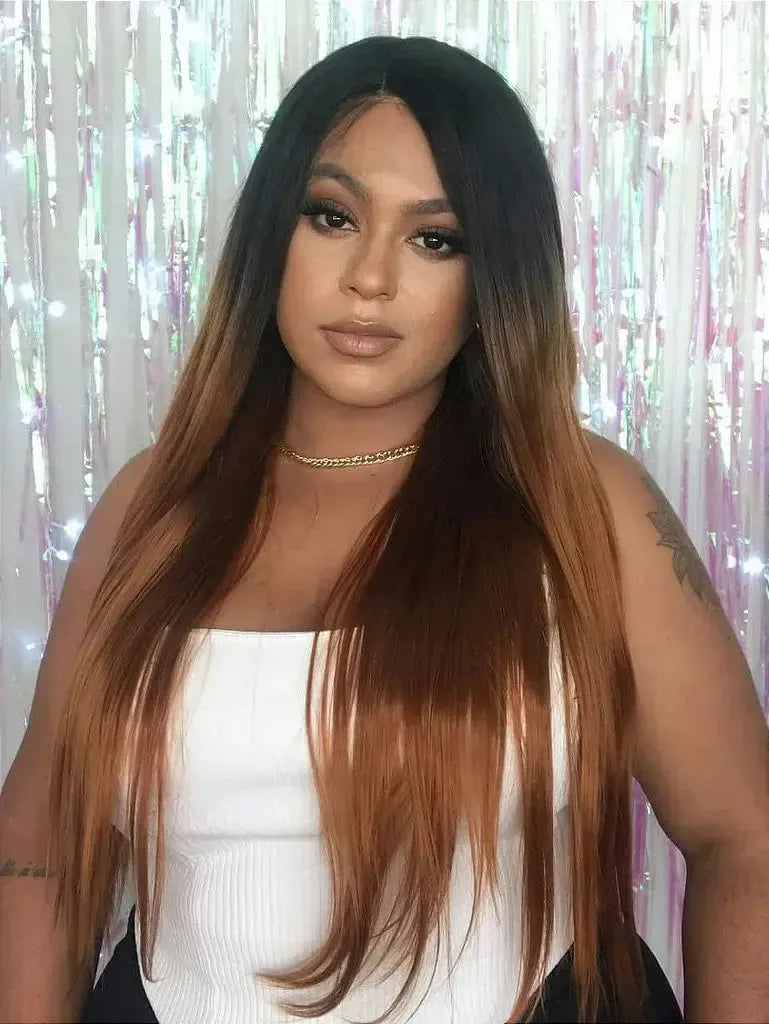 Lace Front Emma Castanho Ombre com Raiz Preta 70cm - Repartição Livre 13x3