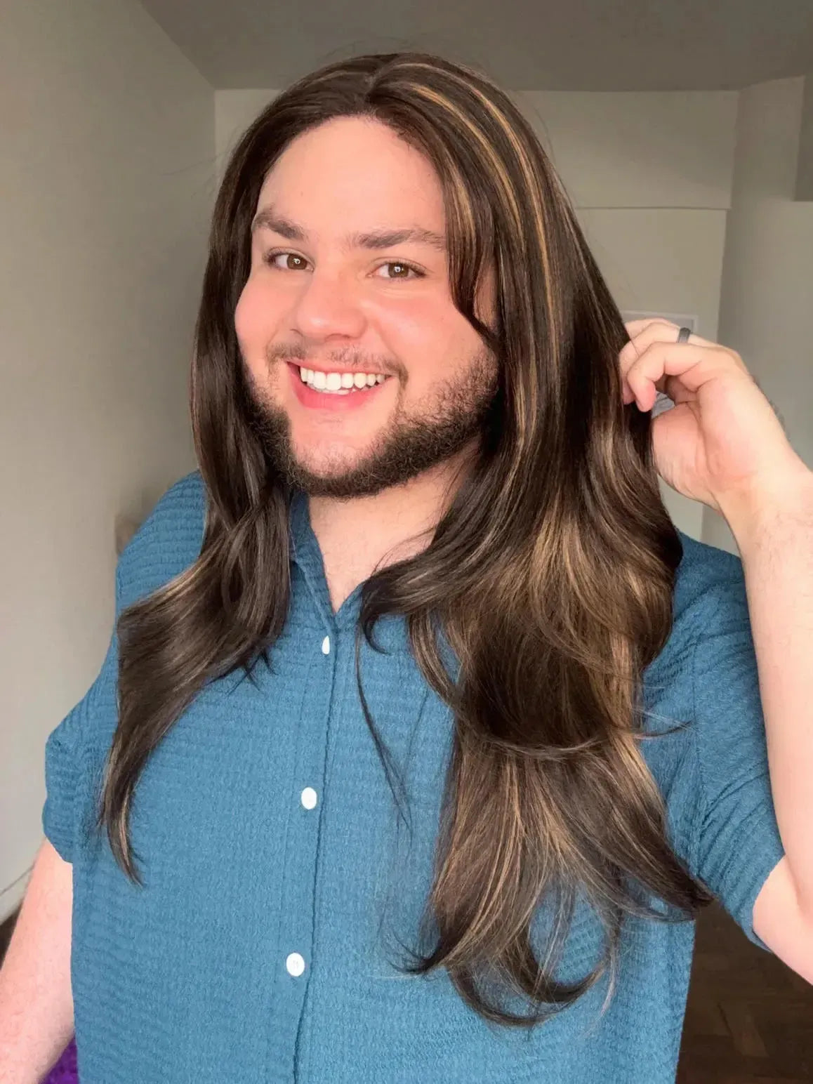 Lace Front Fibra Premium Castanho Luzes Peça Única 054