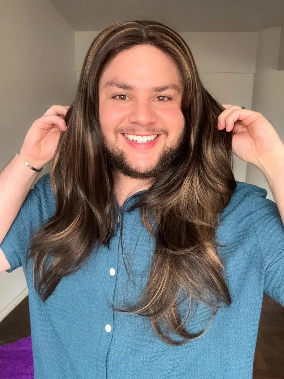 Lace Front Fibra Premium Castanho Luzes Peça Única 054