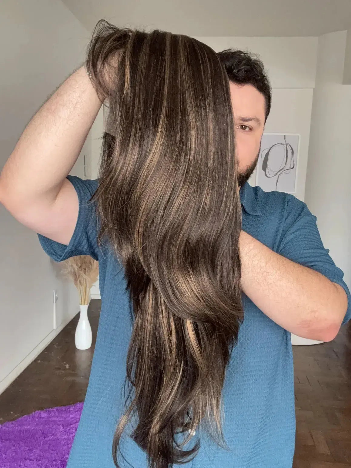 Lace Front Fibra Premium Castanho Luzes Peça Única 054