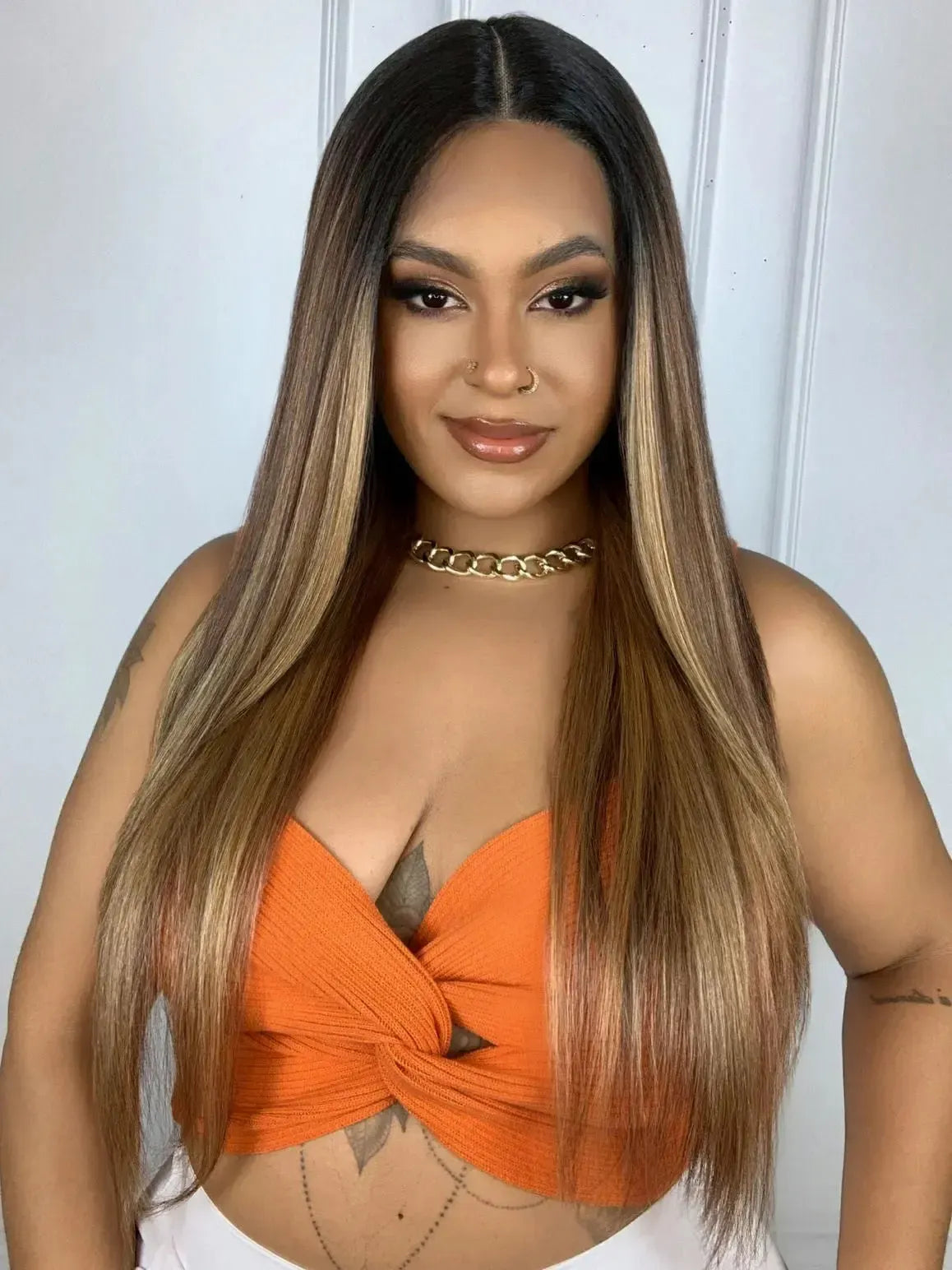 Lace Front HD Amanda Castanha Luzes Lisa 75cm