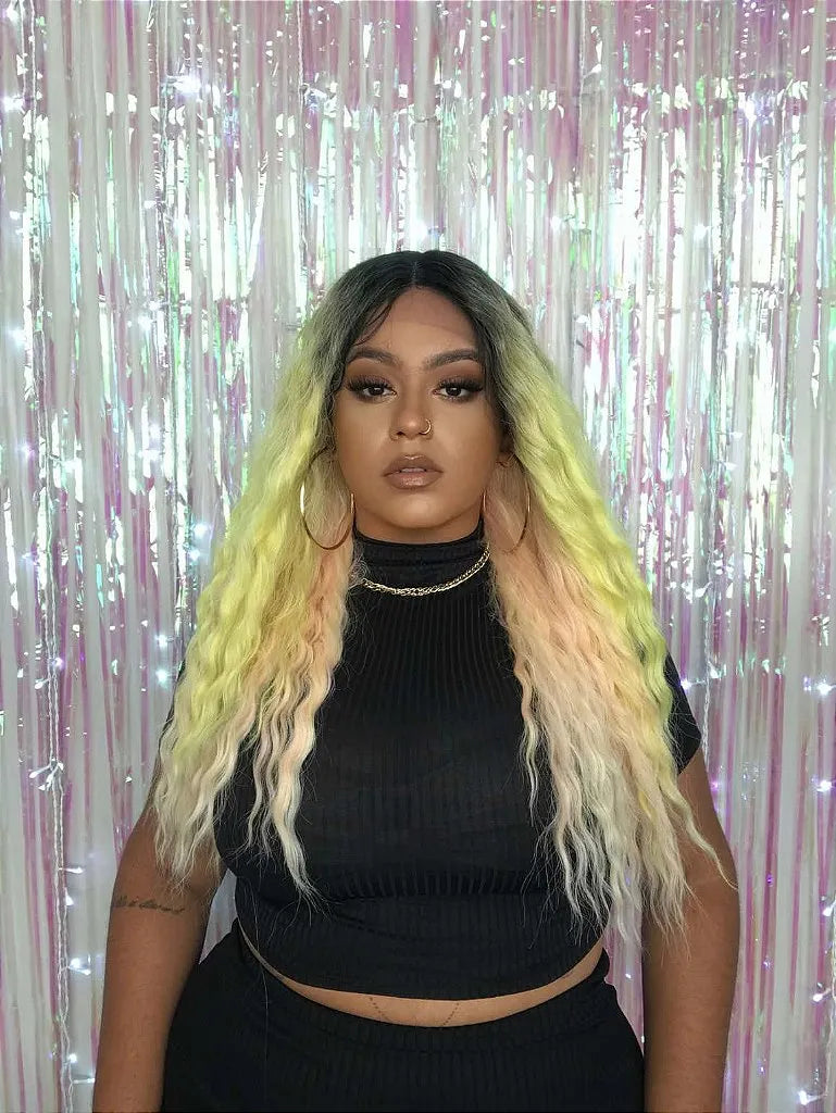 Lace Front Jenna Lemony Ondulada Amarelo Rosa Com Raiz Escura 60 cm