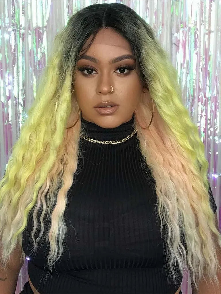 Lace Front Jenna Lemony Ondulada Amarelo Rosa Com Raiz Escura 60 cm