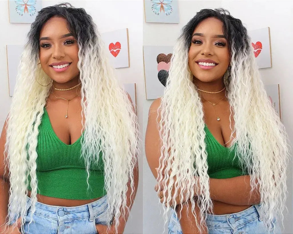 Lace Front MOGLWBR32 Brazilian Wave Bobbi Boss Human Hair Blend Loira Platinada com Raiz Escura 85cm - Repartição Livre