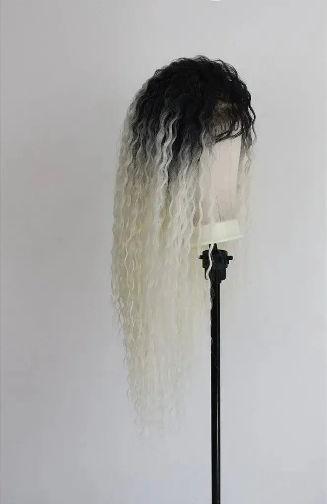 Lace Front MOGLWBR32 Brazilian Wave Bobbi Boss Human Hair Blend Loira Platinada com Raiz Escura 85cm - Repartição Livre
