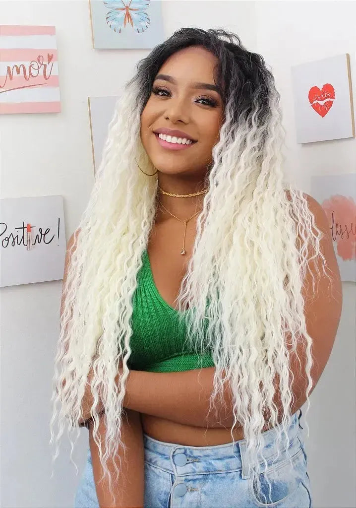 Lace Front MOGLWBR32 Brazilian Wave Bobbi Boss Human Hair Blend Loira Platinada com Raiz Escura 85cm - Repartição Livre