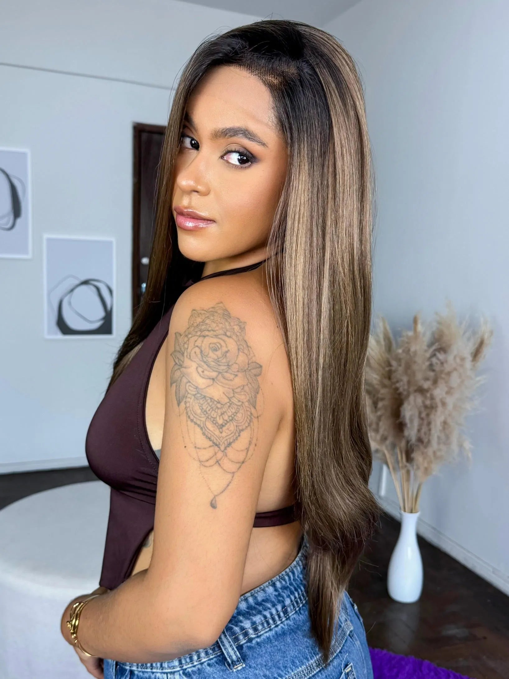 Lace Front Tela HD Diamante Castanho Raiz Preta 12D Ondulada - Repartição Livre 13x2