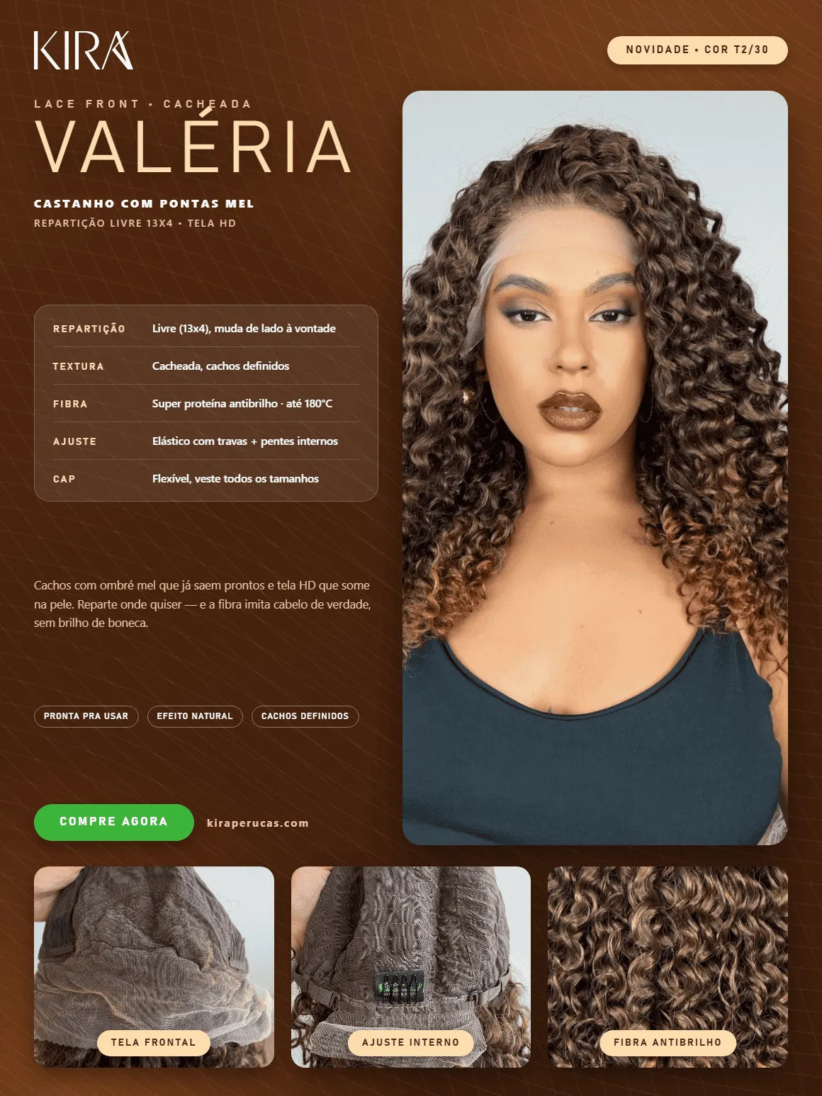 Lace Front Tela HD Valeria Castanho T2/30 Cacheada - Repartição Livre 13x4