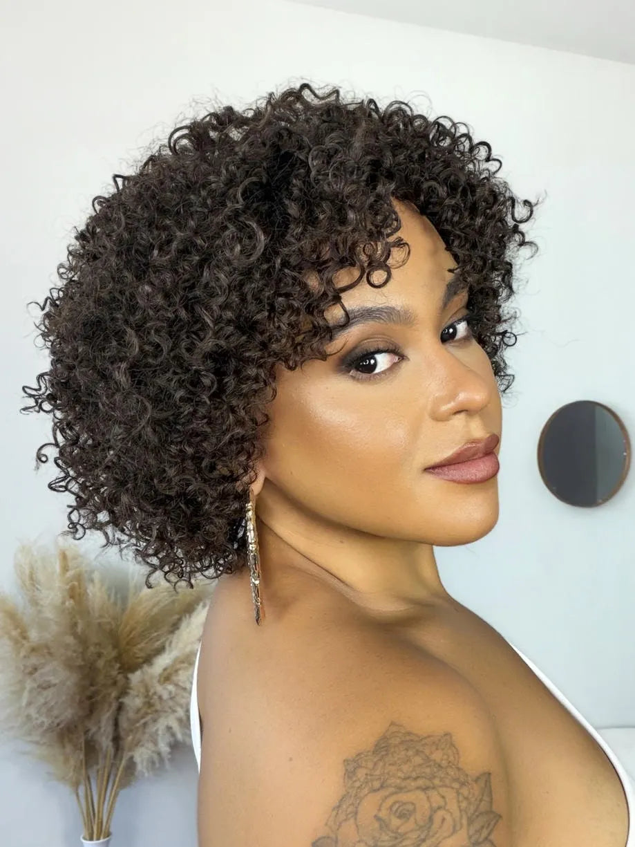Peruca Cabelo Humano Lorena Cacheada Castanho Escuro