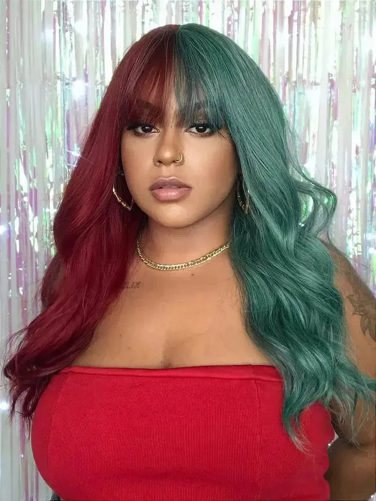 Peruca Clairo Ondulada Verde e Vermelha com Franja 60 cm