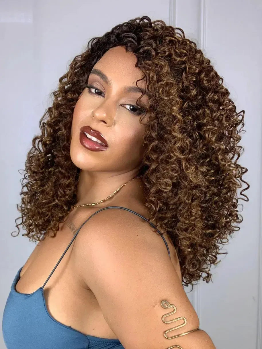 Peruca Felina Bio Fibra Castanho com Luzes 33/22 Cacheada