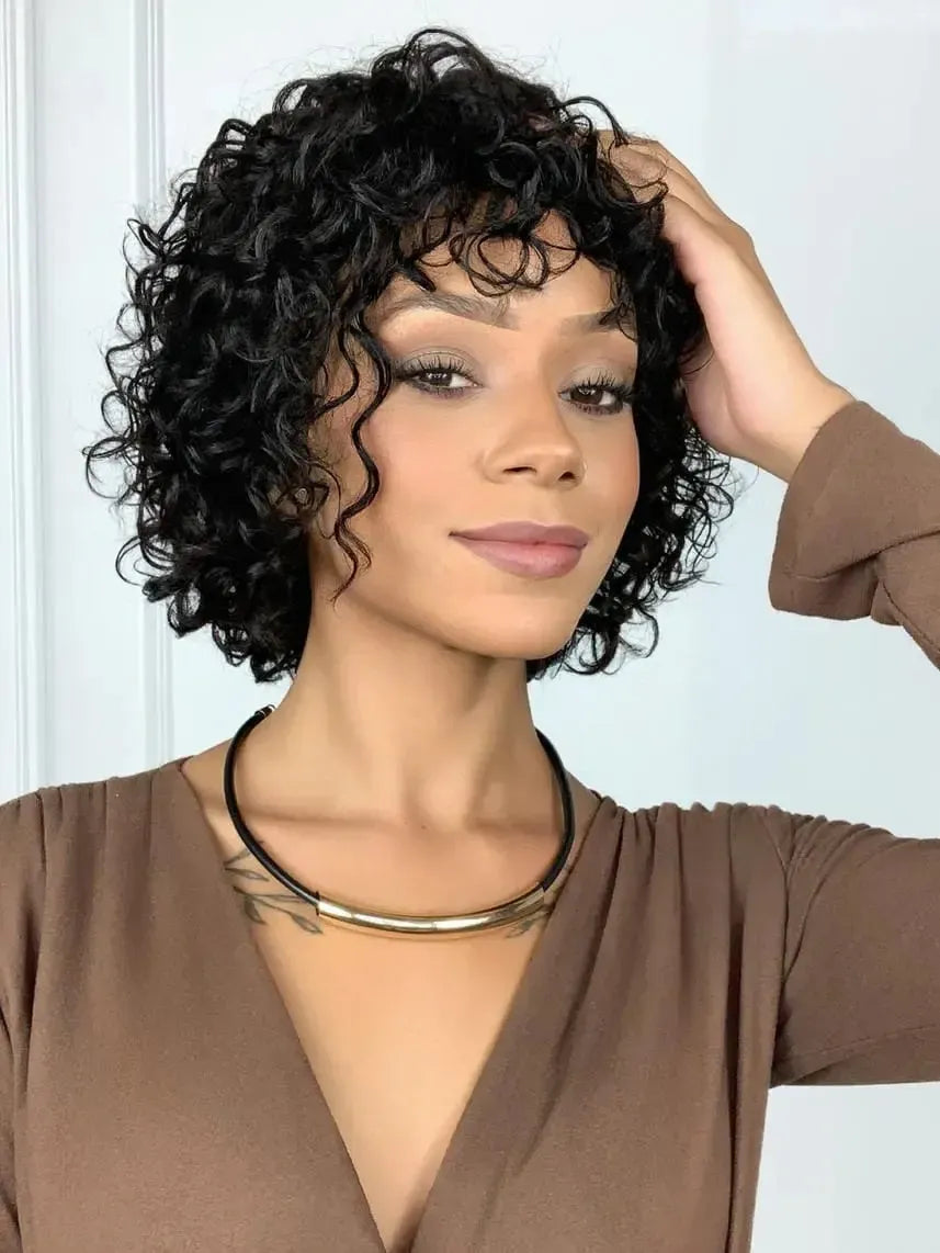 Peruca Humana Giovanna Cacheada Preta Curta